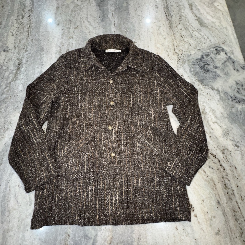 VTG TOTOnKO Tweed Blazer Coat Brown Wool Acrylic Blend Office Sz M Womens Office